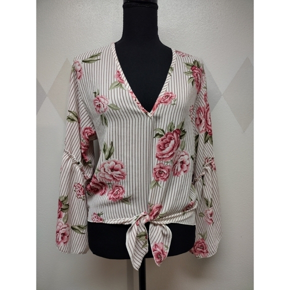 Anthropologie Lavender Field pinstripe floral bell sleeves top with waist tie - Picture 6 of 12